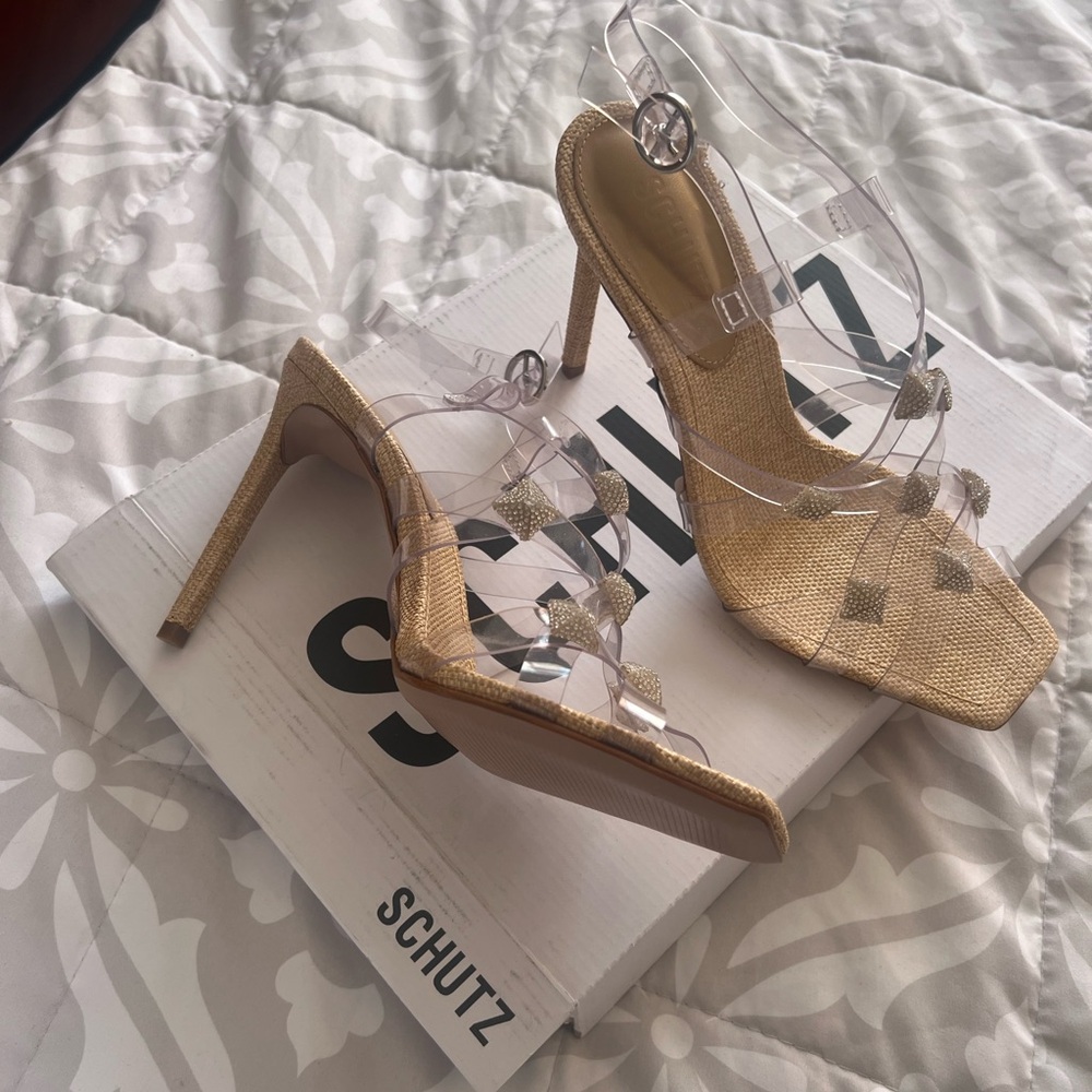 SCHUTZ Gold and Clear Strappy Heels